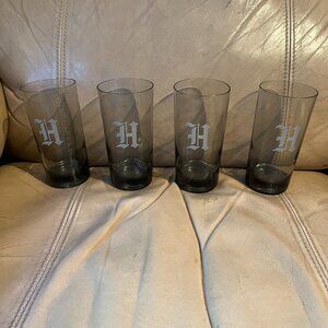4-Vintage '70s Smokey Grey ‘H’Frosted Monogram Glasses